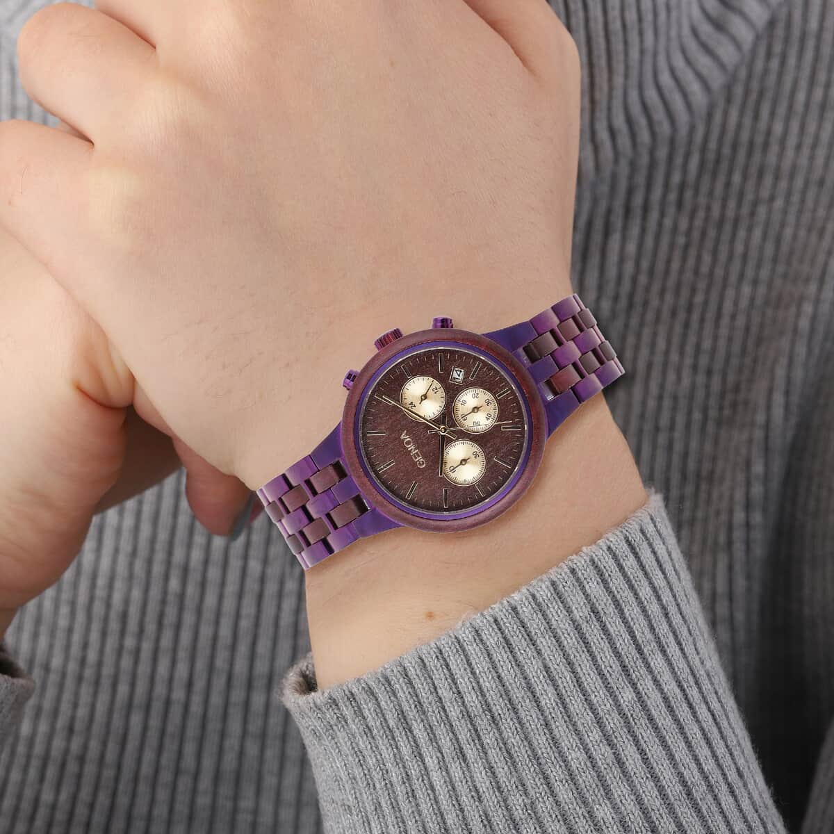 Genoa Japanese Movement Multi Function Watch with ION Plated Purple Stainless Steel and Violet Wood Strap image number 2