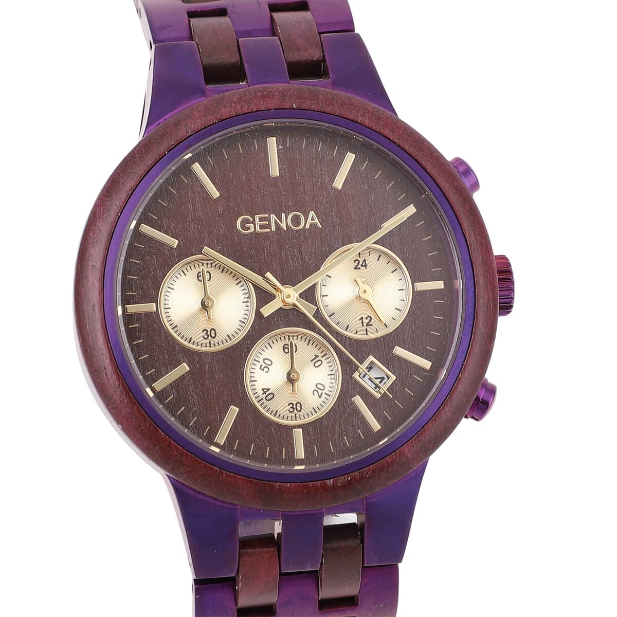 Genoa Japanese Movement Multi Function Watch with ION Plated Purple Stainless Steel and Violet Wood Strap image number 3