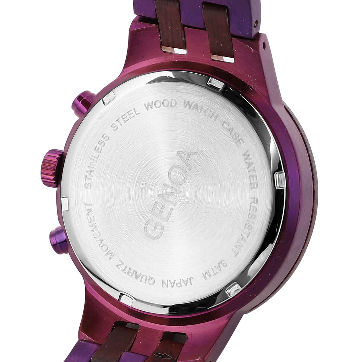 Genoa Japanese Movement Multi Function Watch with ION Plated Purple Stainless Steel and Violet Wood Strap image number 5