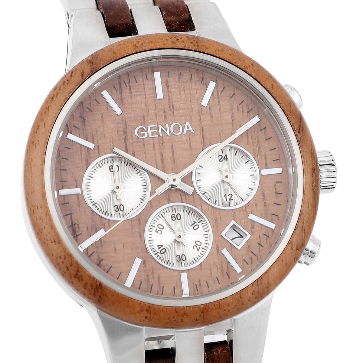 Genoa Japanese Movement Multi Function Watch with Stainless Steel and Walnut Wood Strap image number 3