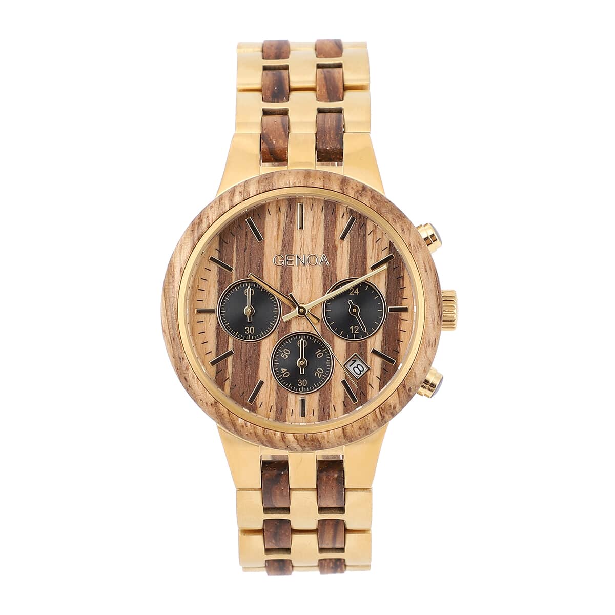 Genoa Japanese Movement Multi Function Watch with ION Plated YG Stainless Steel and Zebra Wood Strap image number 0