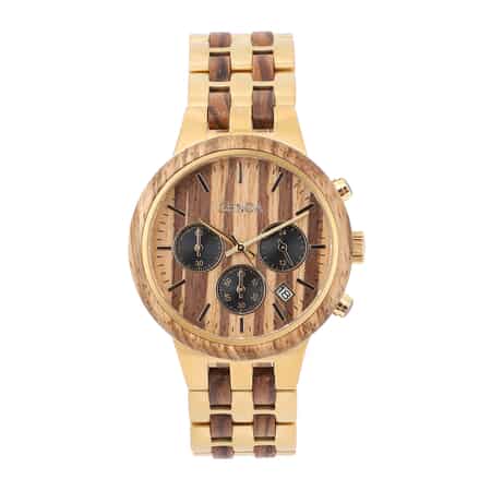 Genoa Japanese Movement Multi Function Watch with ION Plated YG Stainless Steel and Zebra Wood Strap image number 0