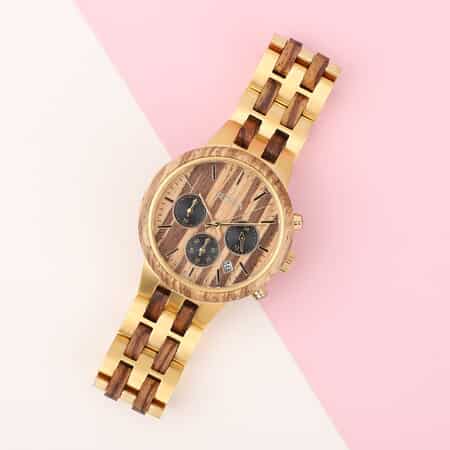 Genoa Japanese Movement Multi Function Watch with ION Plated YG Stainless Steel and Zebra Wood Strap image number 1