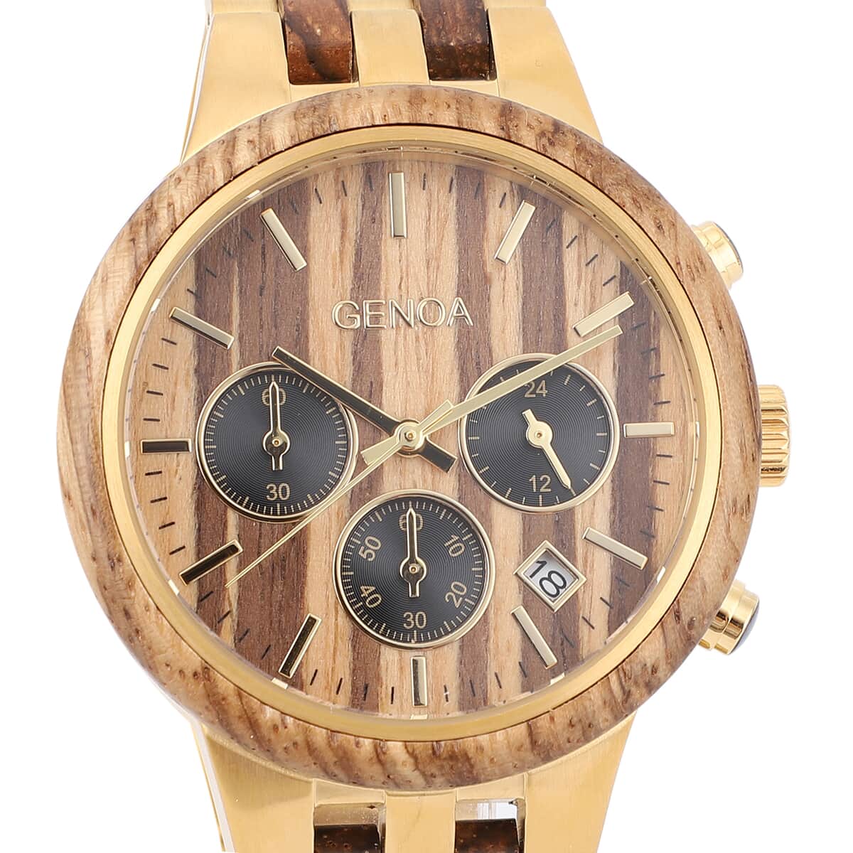 Genoa Japanese Movement Multi Function Watch with ION Plated YG Stainless Steel and Zebra Wood Strap image number 3