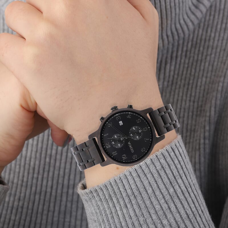 Genoa Japanese Movement Multi Function Watch with Stainless Steel and Black Sandalwood Strap