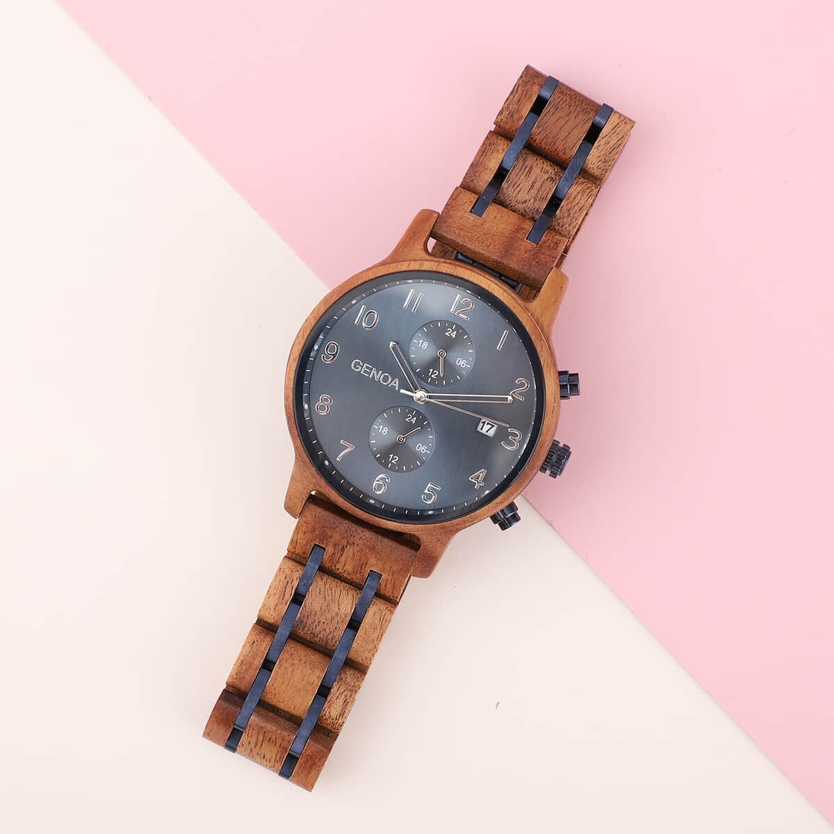Genoa Japanese Movement Multi Function Watch with Stainless Steel and Koa Wood Strap image number 1