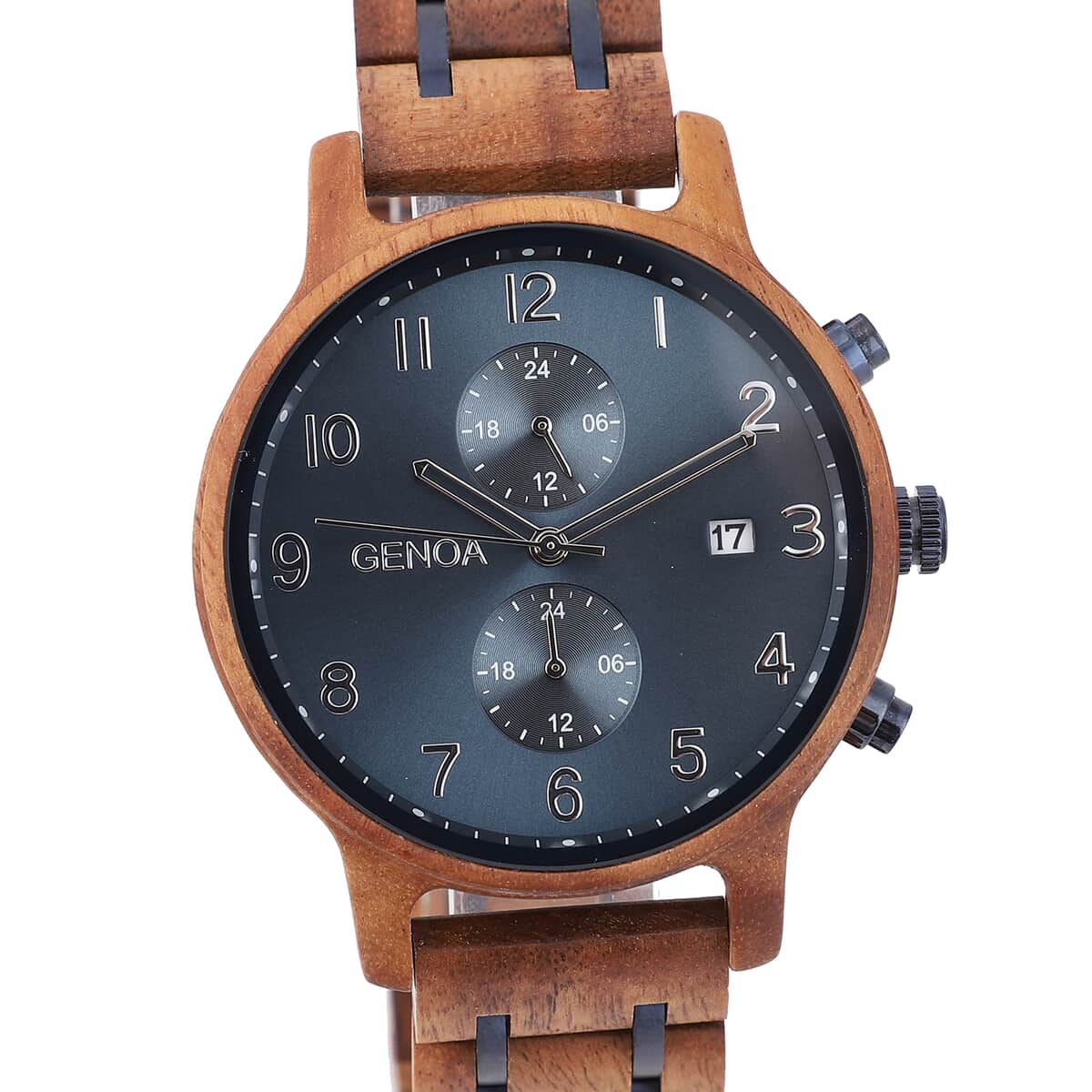 GENOA Japanese Movement Black Dial Watch with Stainless Steel Strap and Black Sandalwood Back image number 3