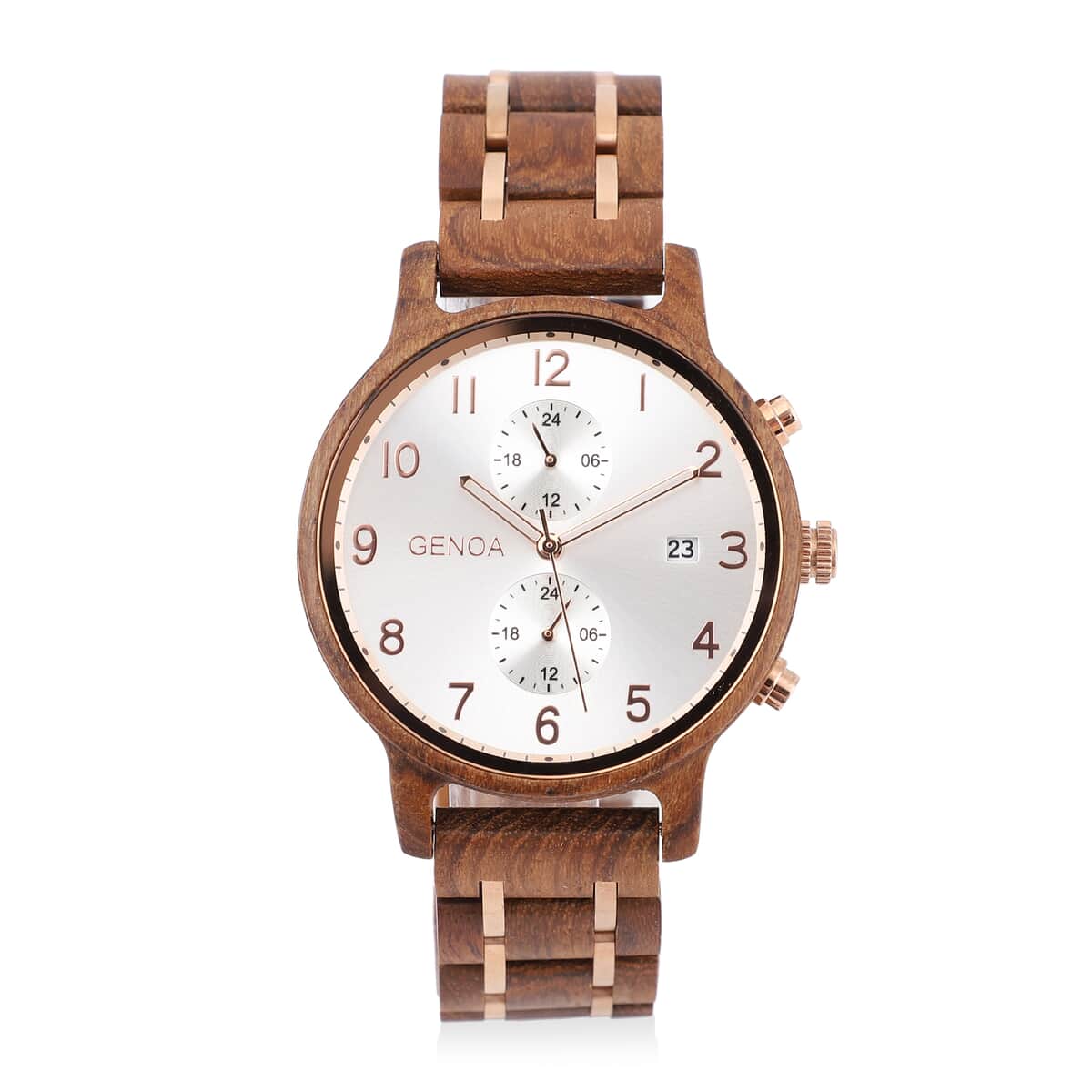 Genoa Japanese Movement Multi Function Watch with Stainless Steel and Teak Wood Strap image number 0