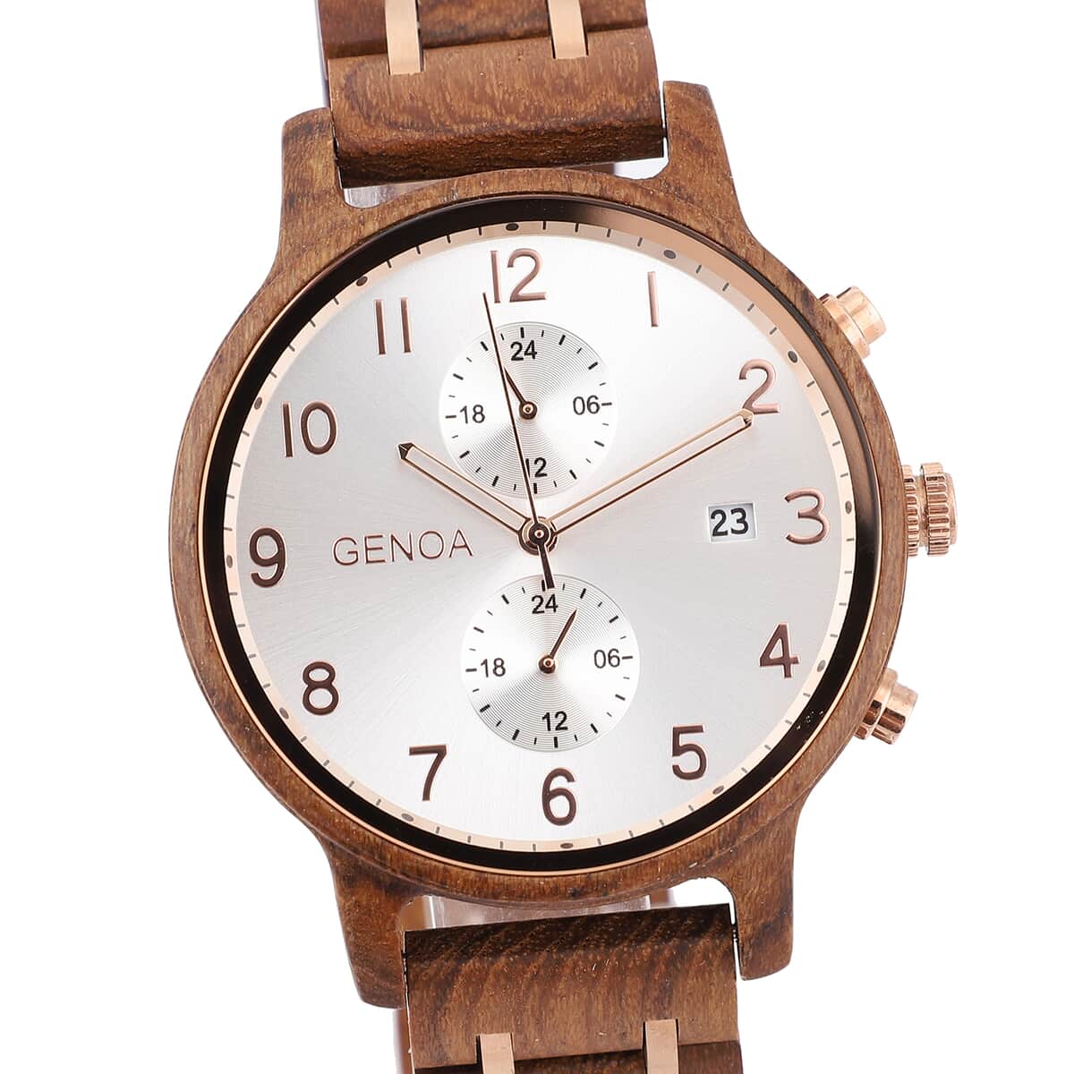 Genoa Japanese Movement Multi Function Watch with Stainless Steel and Teak Wood Strap image number 3