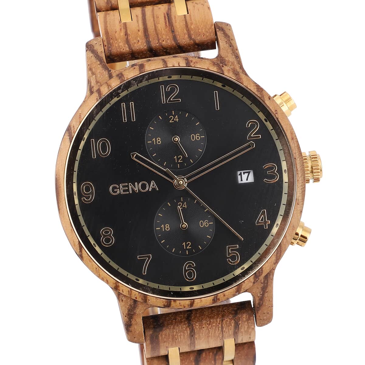 Genoa Japanese Movement Multi Function Watch with Stainless Steel and Zebra Wood Strap image number 3