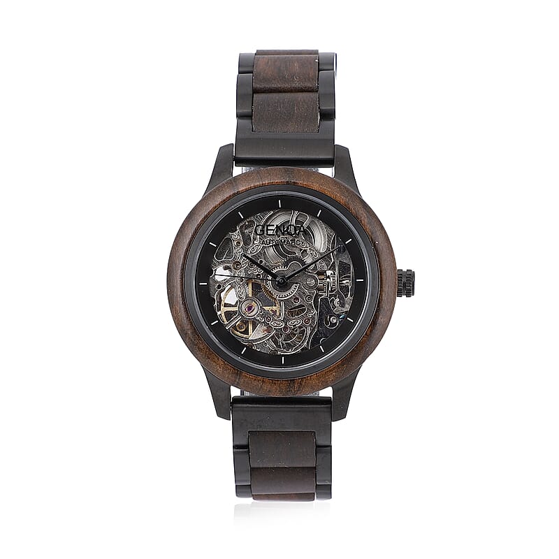 Genoa Automatic Mechanical Movement Watch with Stainless Steel and Black Sandalwood Strap with Glass Back