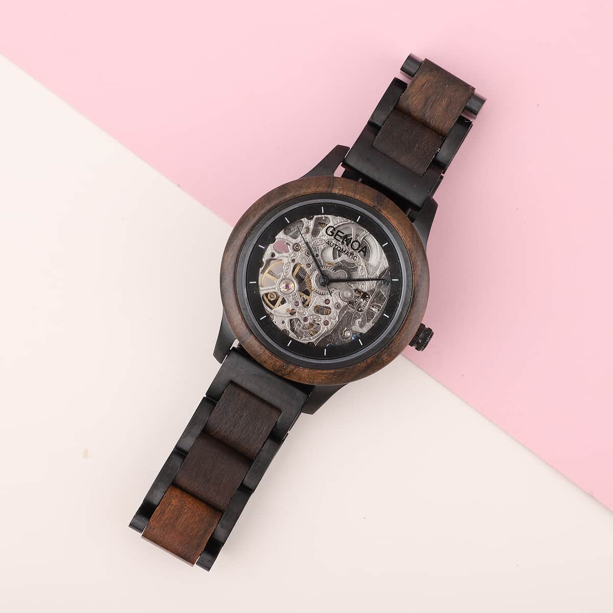 Genoa Automatic Mechanical Movement Watch with Stainless Steel and Black Sandalwood Strap with Glass Back image number 1