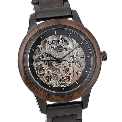 Genoa Automatic Mechanical Movement Watch with Stainless Steel and Black Sandalwood Strap with Glass Back