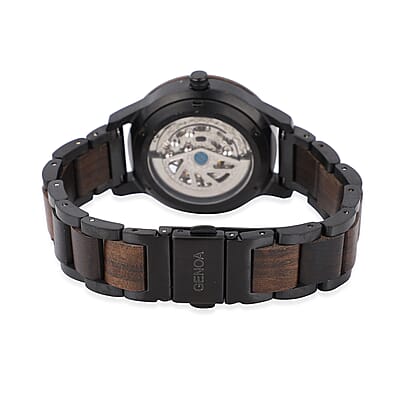 Genoa Automatic Mechanical Movement Watch with Stainless Steel and Black Sandalwood Strap with Glass Back