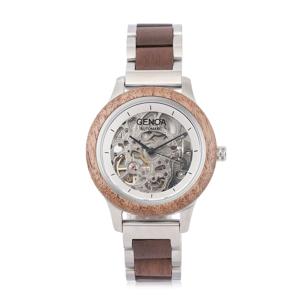 Genoa Automatic Mechanical Movement Watch with Stainless Steel and Walnut Wood Strap with Glass Back image number 0