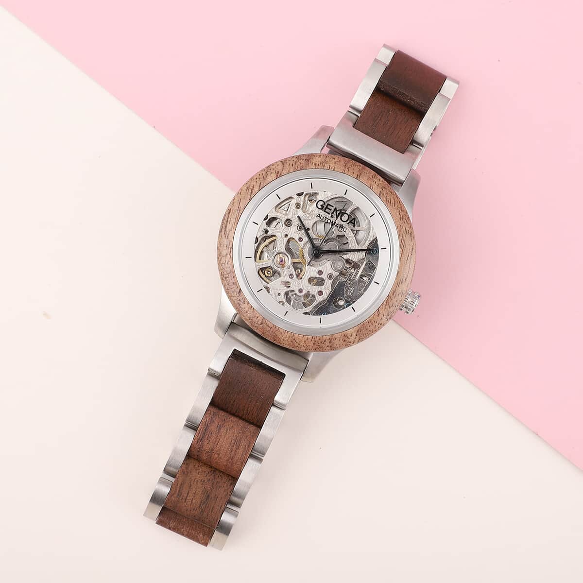 Genoa Automatic Mechanical Movement Watch with Stainless Steel and Walnut Wood Strap with Glass Back image number 1
