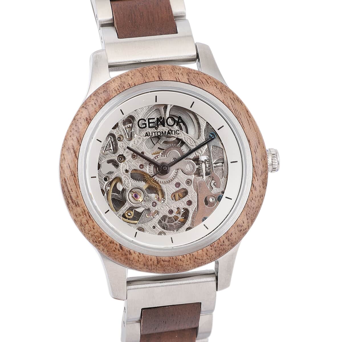 GENOA Automatic Mechanical Movement Watch with Stainless Steel Strap with Black Sandal and Glass Back image number 3