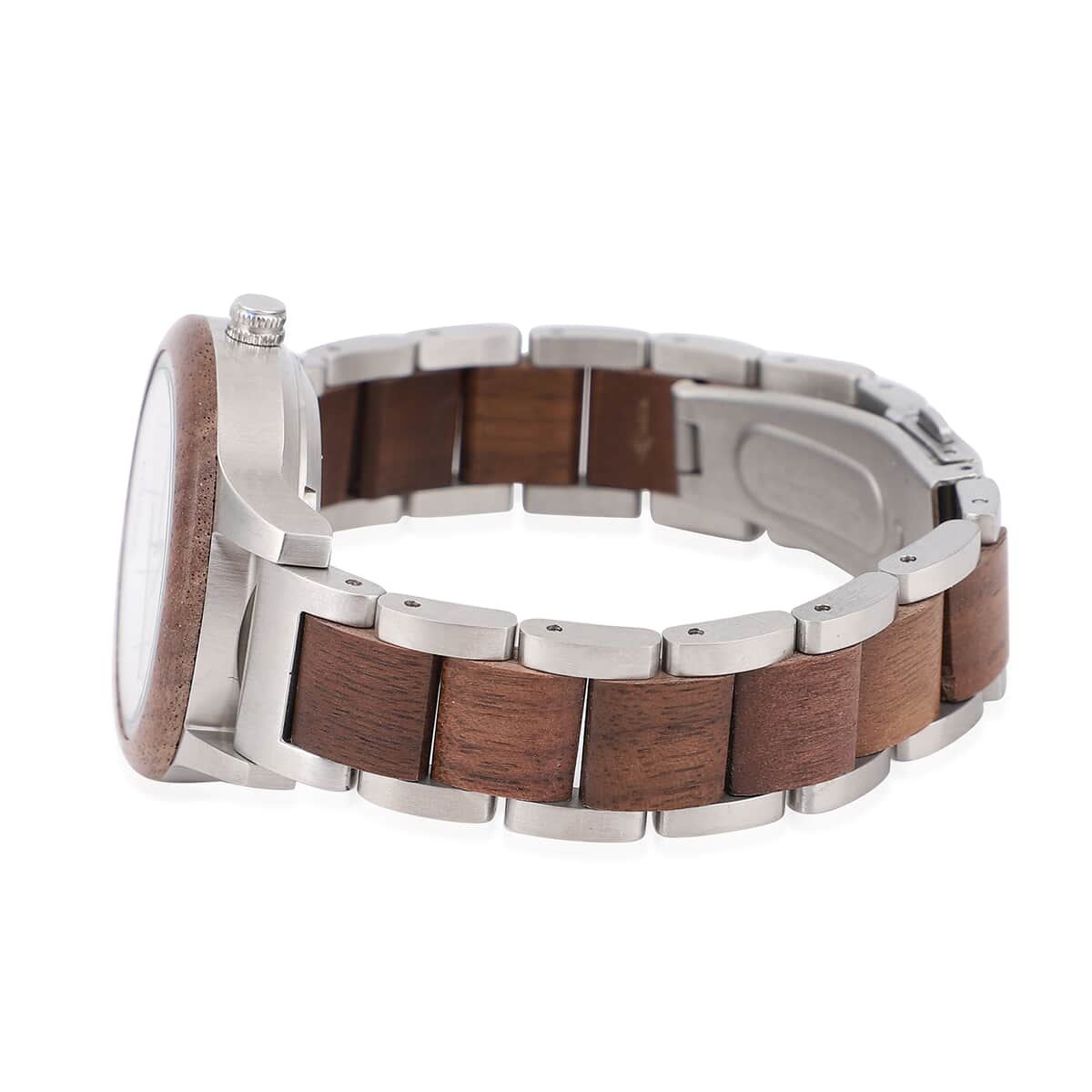 Genoa Automatic Mechanical Movement Watch with Stainless Steel and Walnut Wood Strap with Glass Back image number 4