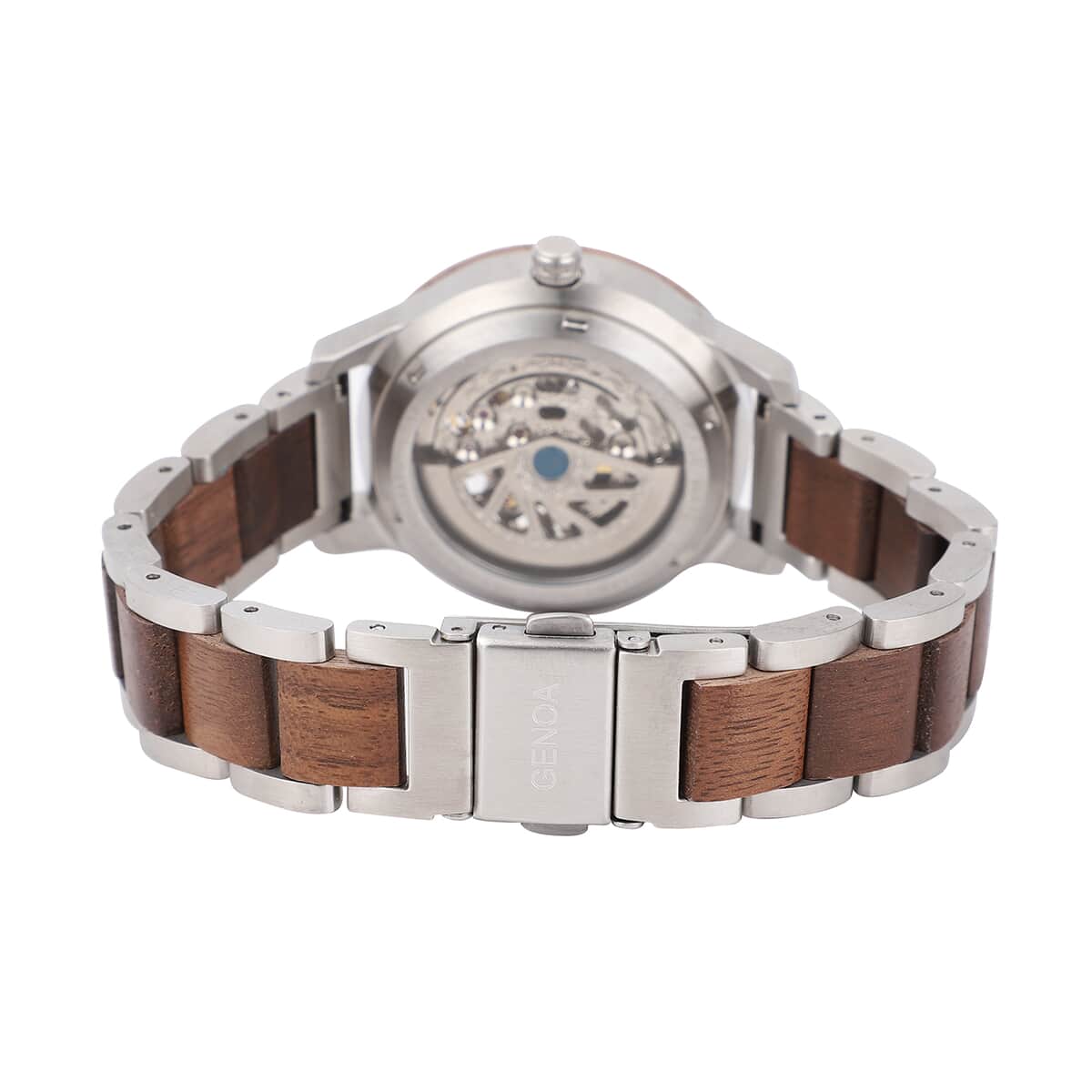 Genoa Automatic Mechanical Movement Watch with Stainless Steel and Walnut Wood Strap with Glass Back image number 5