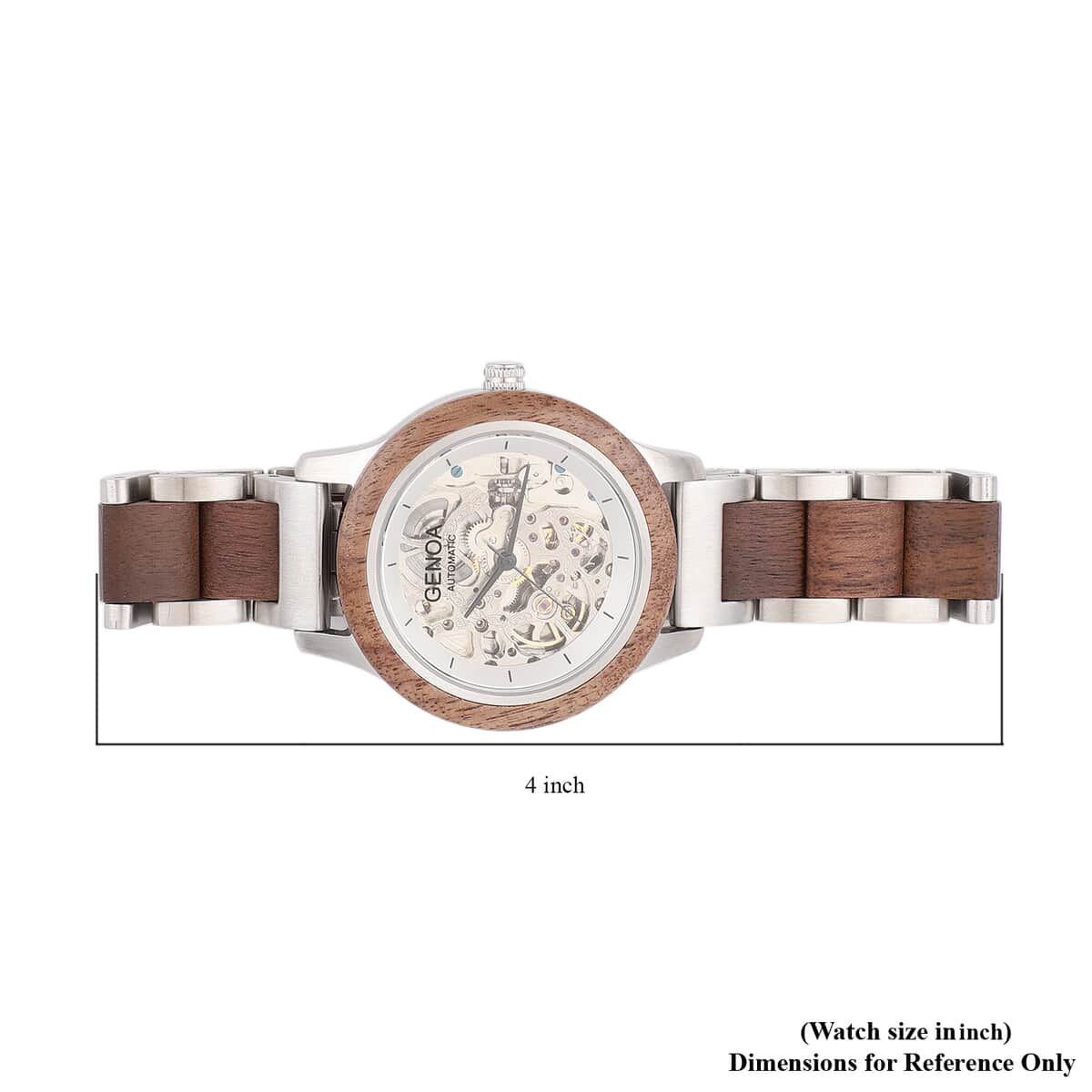 Genoa Automatic Mechanical Movement Watch with Stainless Steel and Walnut Wood Strap with Glass Back image number 6