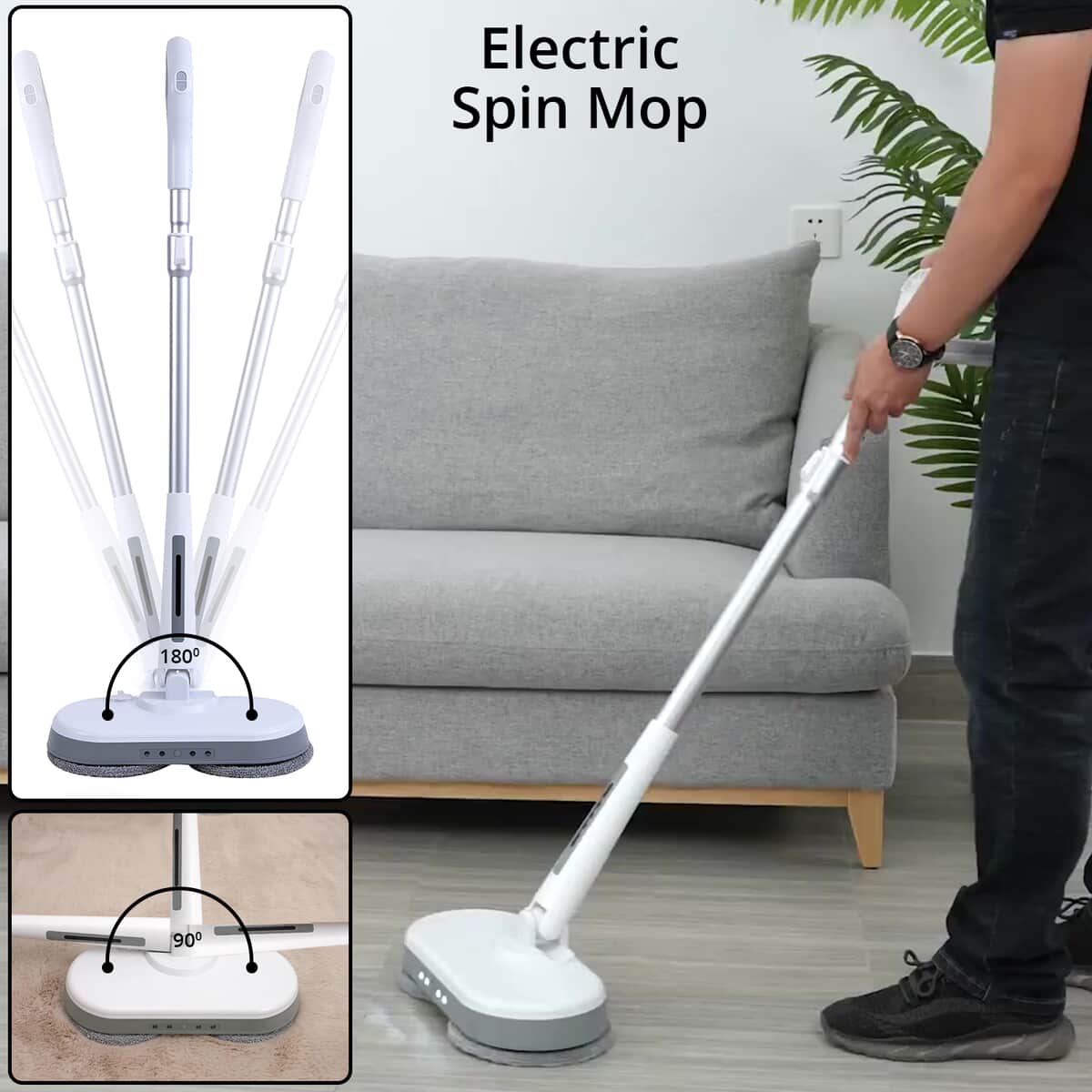 Homesmart White and Gray Cordless Electric Spin Mop with 280ml Water Tank and Built-in 4 LED Light image number 1