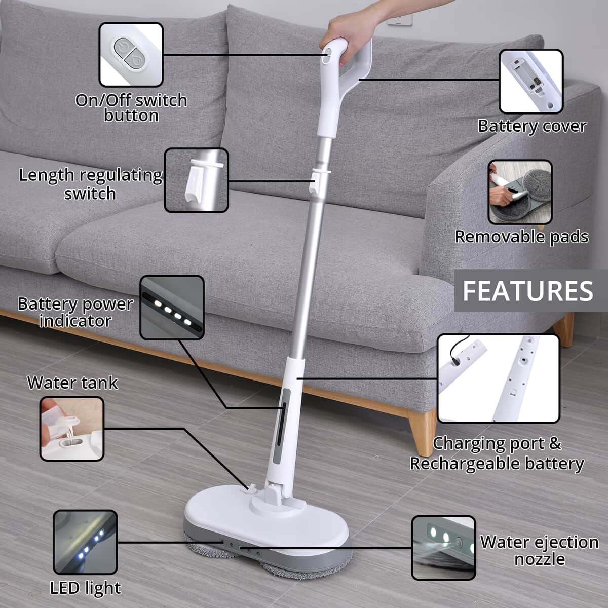 Homesmart White and Gray Cordless Electric Spin Mop with 280ml Water Tank and Built-in 4 LED Light image number 2
