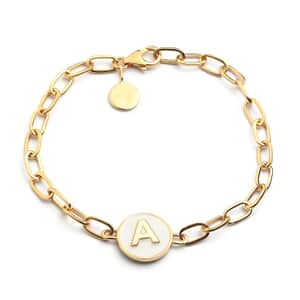 Intial A Paper Clip Bracelet , Vermeil Yellow Gold Over Sterling Silver Bracelet , Intial Bracelet , White Enamel Coin Bracelet (7.25 In) 6.30 Grams