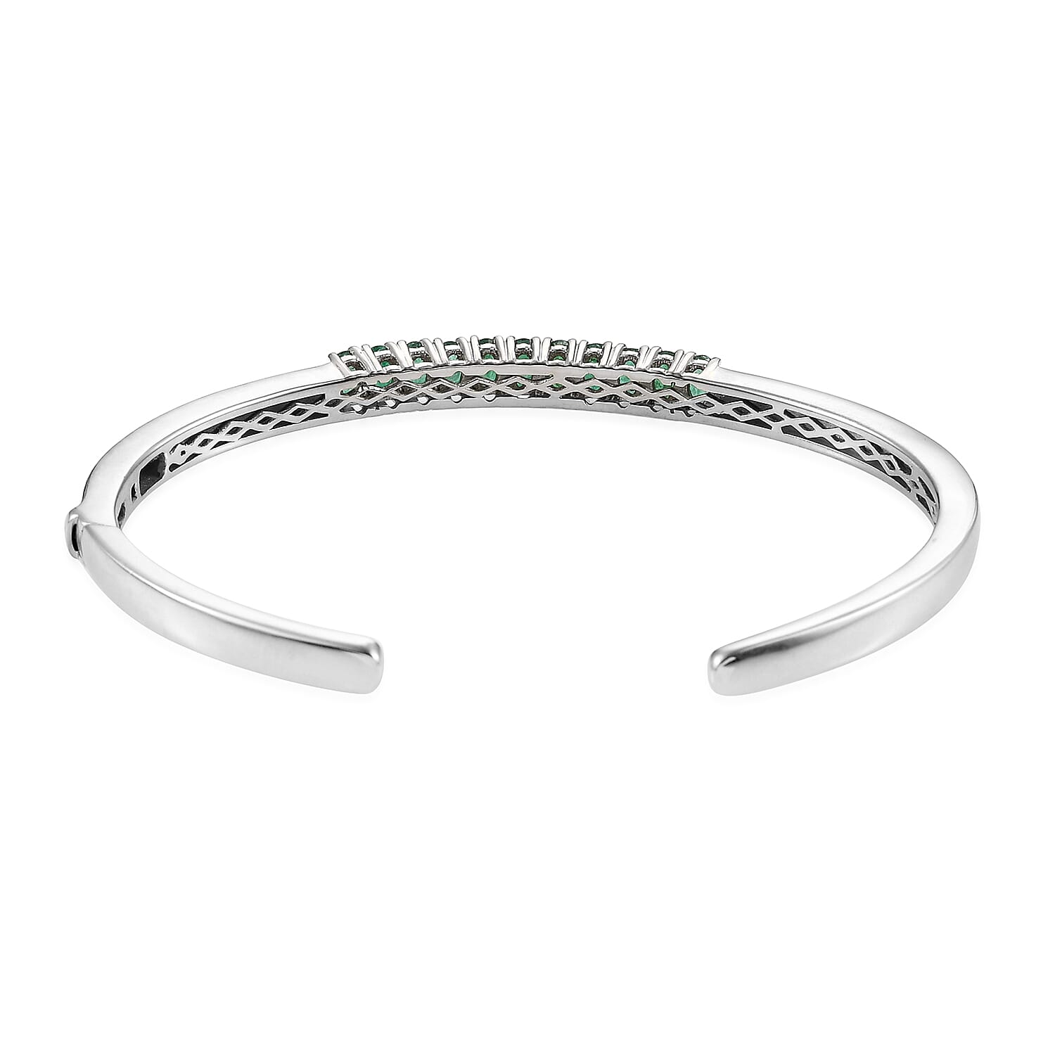 AAA Kagem Zambian Emerald and Zircon Cuff Bracelet in Platinum Over Sterling Silver (7.25 In) 17 Grams 2.60 ctw