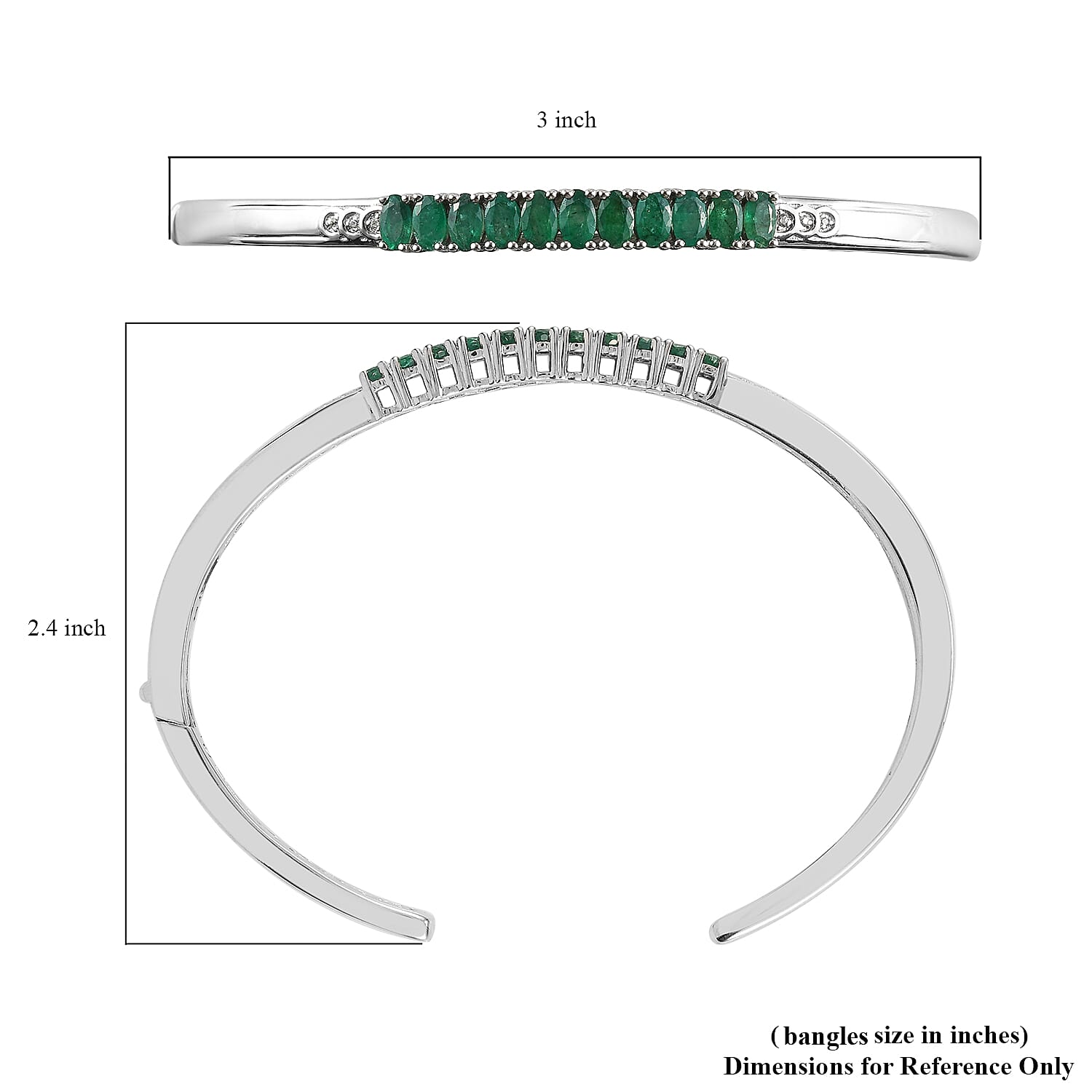 AAA Kagem Zambian Emerald and Zircon Cuff Bracelet in Platinum Over Sterling Silver (7.25 In) 17 Grams 2.60 ctw