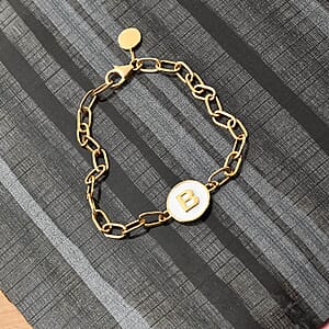 D'Joy Intial B Paper Clip Bracelet , Vermeil Yellow Gold Over Sterling Silver Bracelet , Intial Bracelet , White Enamel Coin Bracelet (7.25 In) 5.90 Grams