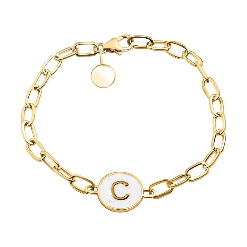 D'Joy Intial C Paper Clip Bracelet , Vermeil Yellow Gold Over Sterling Silver Bracelet , Intial Bracelet , White Enamel Coin Bracelet (7.25 In) 6 Grams