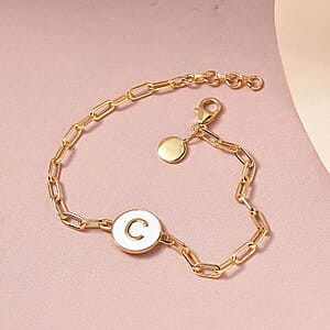 D'Joy Intial C Paper Clip Bracelet , Vermeil Yellow Gold Over Sterling Silver Bracelet , Intial Bracelet , White Enamel Coin Bracelet (7.25 In) 6 Grams