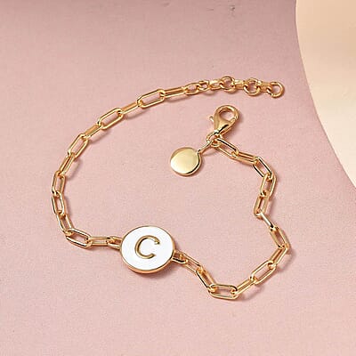 D'Joy Intial C Paper Clip Bracelet , Vermeil Yellow Gold Over Sterling Silver Bracelet , Intial Bracelet , White Enamel Coin Bracelet (7.25 In) 6 Grams