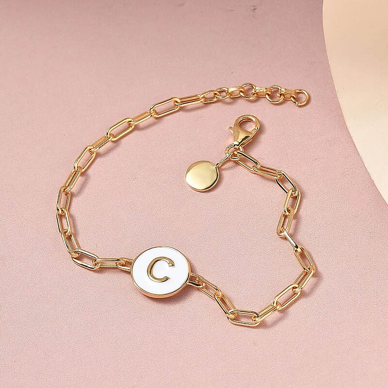 D'Joy Intial C Paper Clip Bracelet , Vermeil Yellow Gold Over Sterling Silver Bracelet , Intial Bracelet , White Enamel Coin Bracelet (7.25 In) 6 Grams