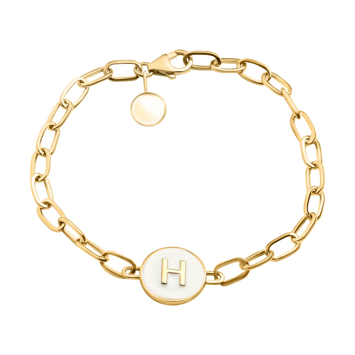 Initial H Paper Clip Bracelet, Vermeil Yellow Gold Over Sterling Silver Bracelet, Initial Bracelet, White Enamel Coin Bracelet (7.25 In) 5.80 Grams image number 0