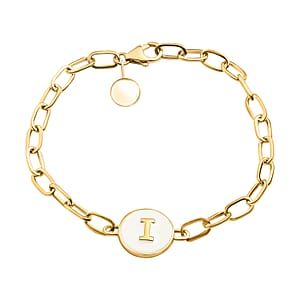 Intial I Paper Clip Bracelet , Vermeil Yellow Gold Over Sterling Silver Bracelet , Intial Bracelet , White Enamel Coin Bracelet (7.25 In) 5.65 Grams