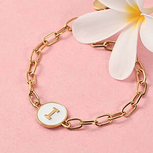 Intial I Paper Clip Bracelet , Vermeil Yellow Gold Over Sterling Silver Bracelet , Intial Bracelet , White Enamel Coin Bracelet (7.25 In) 5.65 Grams
