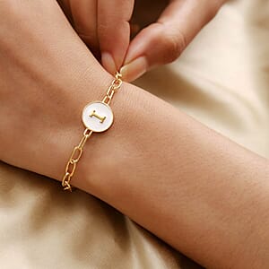 Intial I Paper Clip Bracelet , Vermeil Yellow Gold Over Sterling Silver Bracelet , Intial Bracelet , White Enamel Coin Bracelet (7.25 In) 5.65 Grams
