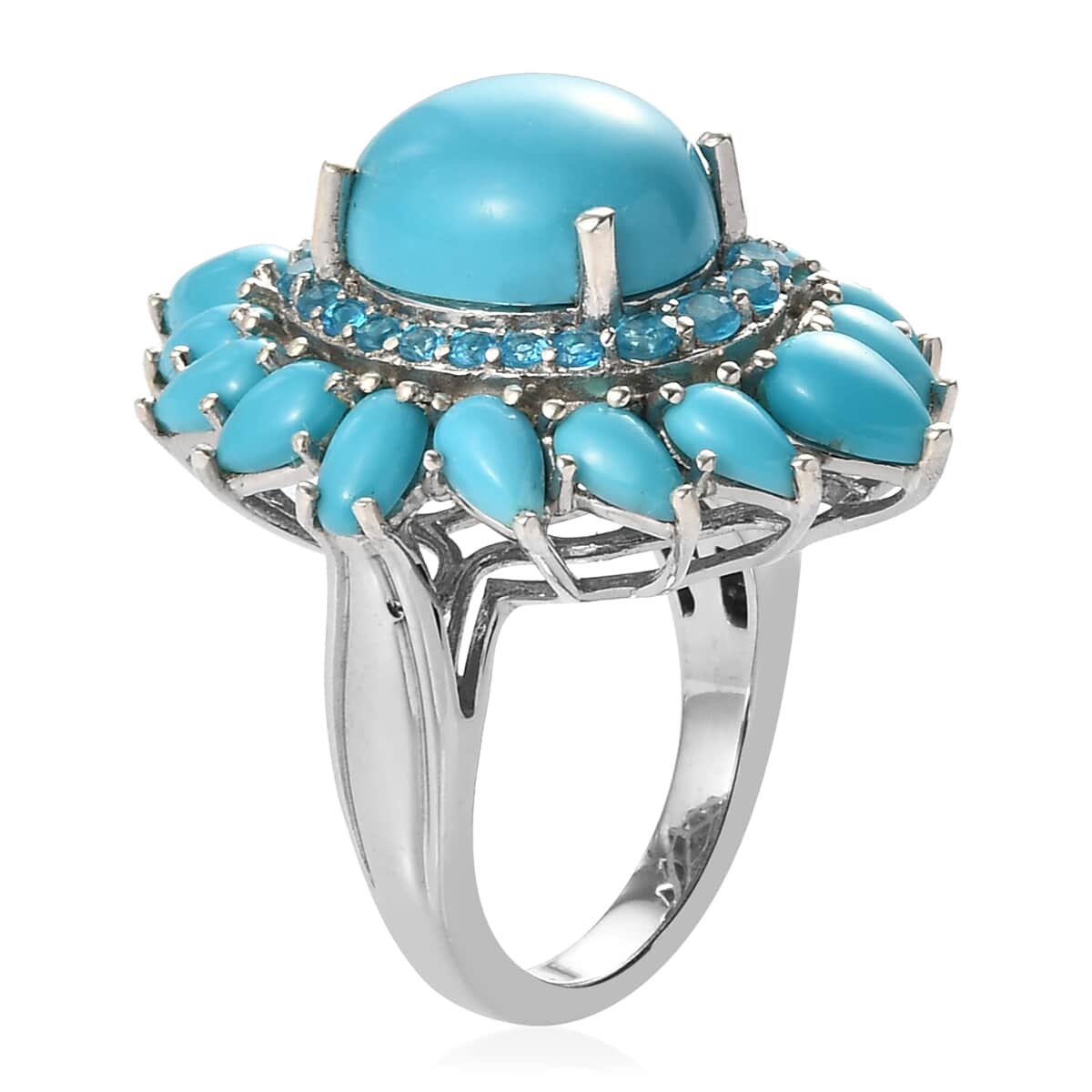 Natural Arizona Sleeping Beauty Turquoise and Malgache Neon Apatite Cocktail Ring in Platinum Over Sterling Silver (Size 10.0) 7.50 ctw image number 3