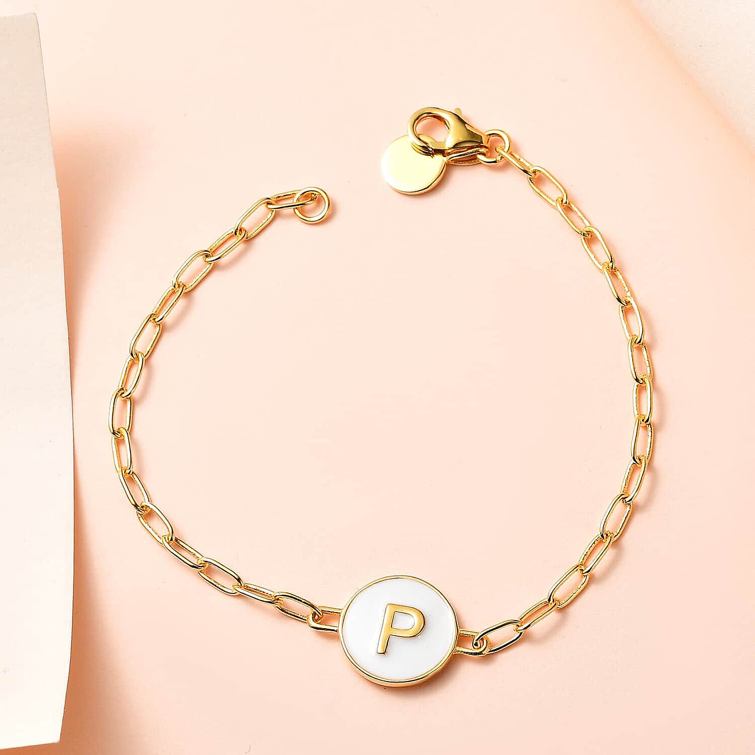 Initial P Paper Clip Bracelet, Vermeil Yellow Gold Over Sterling Silver Bracelet, Initial Bracelet, White Enamel Coin Bracelet (7.25 In) 6.10 Grams