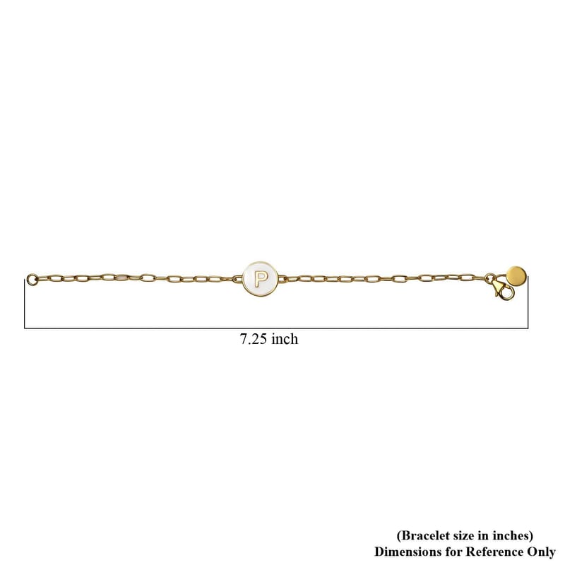 Initial P Paper Clip Bracelet, Vermeil Yellow Gold Over Sterling Silver Bracelet, Initial Bracelet, White Enamel Coin Bracelet (7.25 In) 6.10 Grams