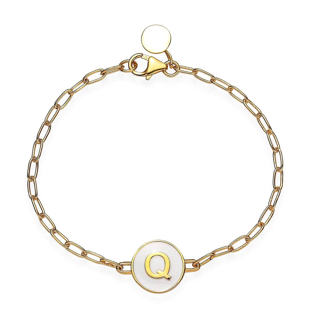 Initial Q Paper Clip Bracelet, Vermeil Yellow Gold Over Sterling Silver Bracelet, Initial Bracelet, White Enamel Coin Bracelet (7.25 In) 6.20 Grams image number 0