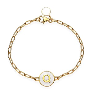 Initial Q Paper Clip Bracelet, Vermeil Yellow Gold Over Sterling Silver Bracelet, Initial Bracelet, White Enamel Coin Bracelet (7.25 In) 6.20 Grams