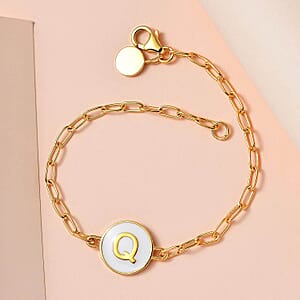 Initial Q Paper Clip Bracelet, Vermeil Yellow Gold Over Sterling Silver Bracelet, Initial Bracelet, White Enamel Coin Bracelet (7.25 In) 6.20 Grams