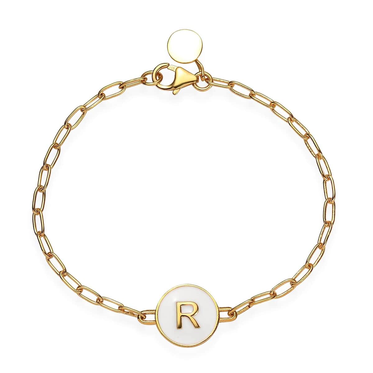 Initial R Paper Clip Bracelet, Vermeil Yellow Gold Over Sterling Silver Bracelet, Initial Bracelet, White Enamel Coin Bracelet (7.25 In) 5.90 Grams image number 0