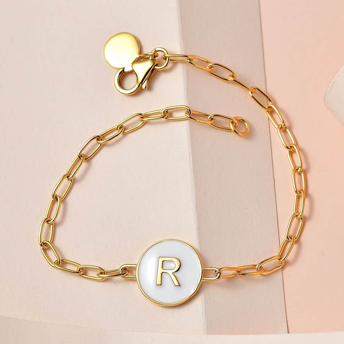 Initial R Paper Clip Bracelet, Vermeil Yellow Gold Over Sterling Silver Bracelet, Initial Bracelet, White Enamel Coin Bracelet (7.25 In) 5.90 Grams image number 1