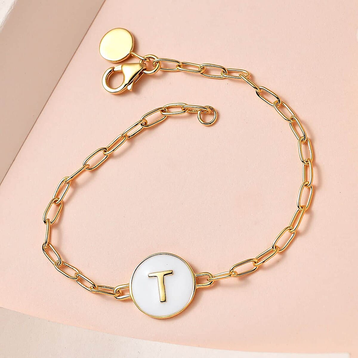 Initial T Paper Clip Bracelet, Vermeil Yellow Gold Over Sterling Silver Bracelet, Initial Bracelet, White Enamel Coin Bracelet (7.25 In) 6 Grams image number 1