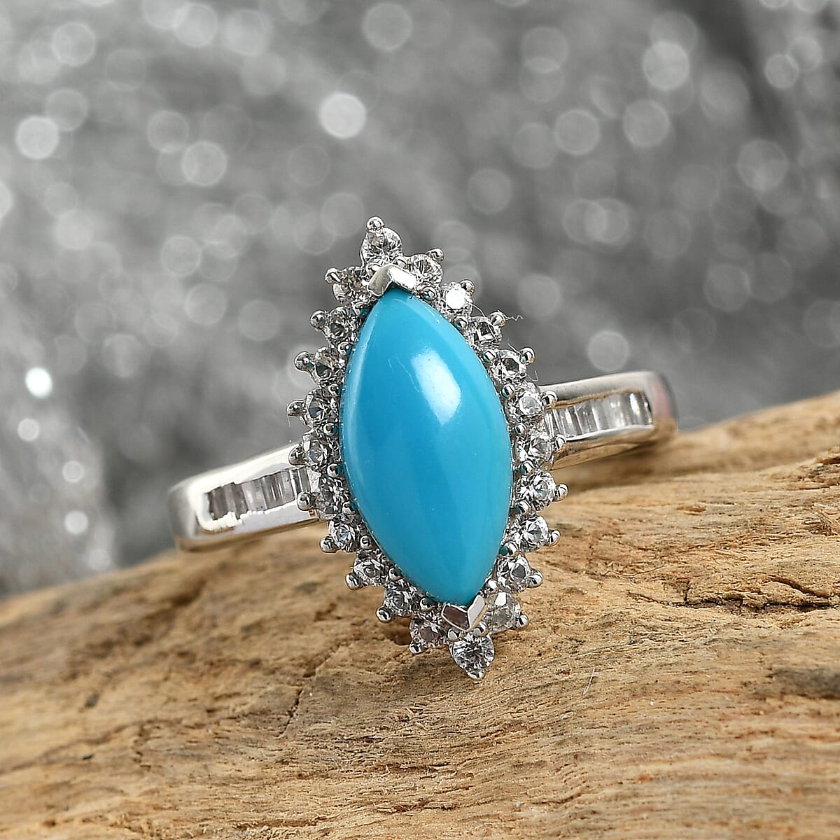 Sleeping Beauty Turquoise and Natural White Zircon Halo Ring in Platinum Over Sterling Silver (Size 9.0) 2.10 ctw image number 1