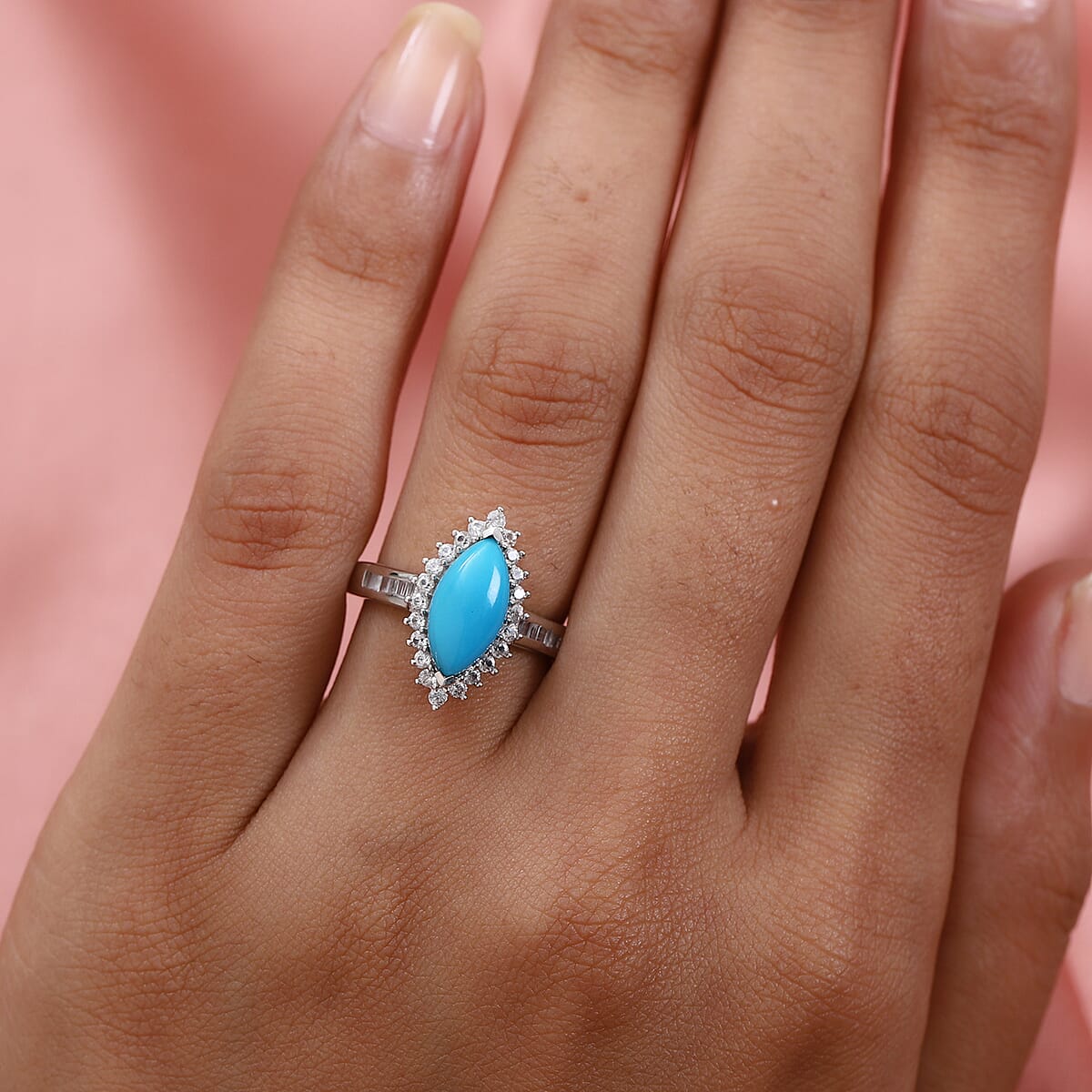 Sleeping Beauty Turquoise and Natural White Zircon Halo Ring in Platinum Over Sterling Silver (Size 9.0) 2.10 ctw image number 2