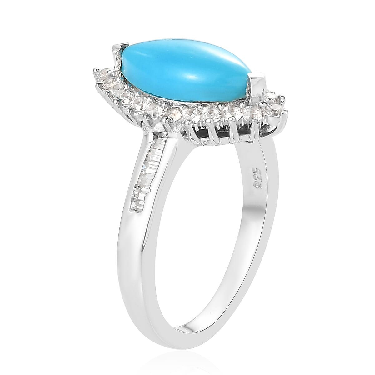 Sleeping Beauty Turquoise and Natural White Zircon Halo Ring in Platinum Over Sterling Silver (Size 9.0) 2.10 ctw image number 3